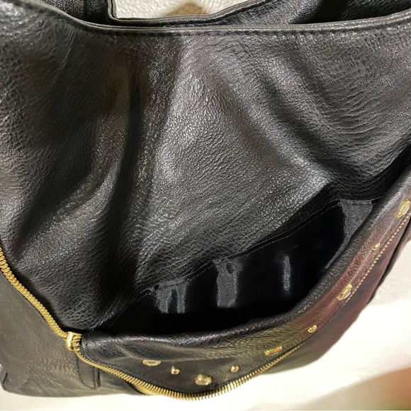 Black Vinyl Handbag Purse Bejeweled Zipper Gold Hardware Bag Double Handles - Picture 14 of 16